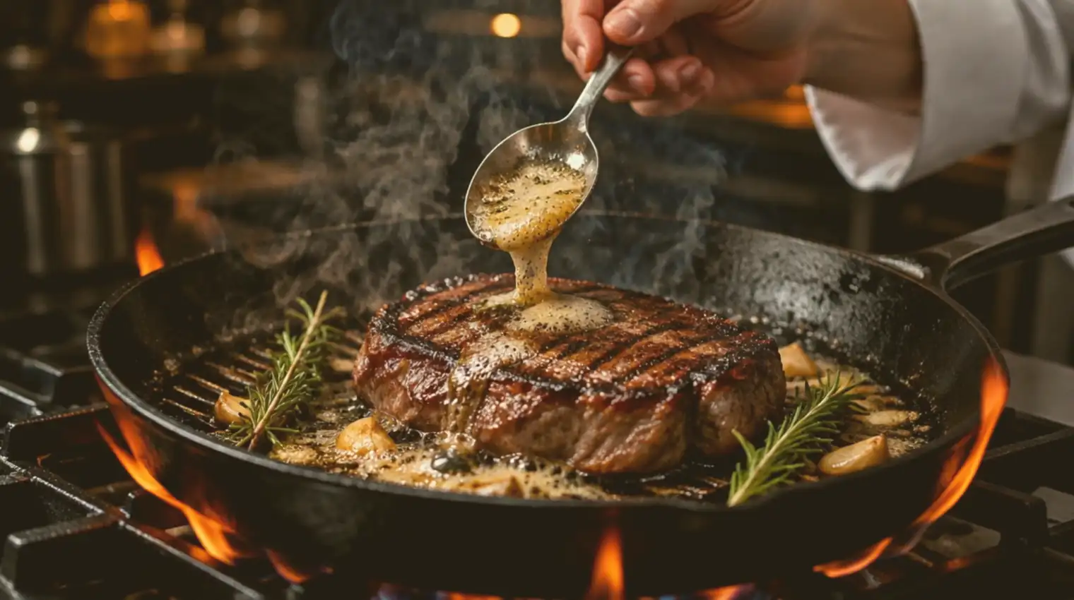 Steak in der Grillpfanne über der Flamme, mit Butter und Rosmarin übergossen